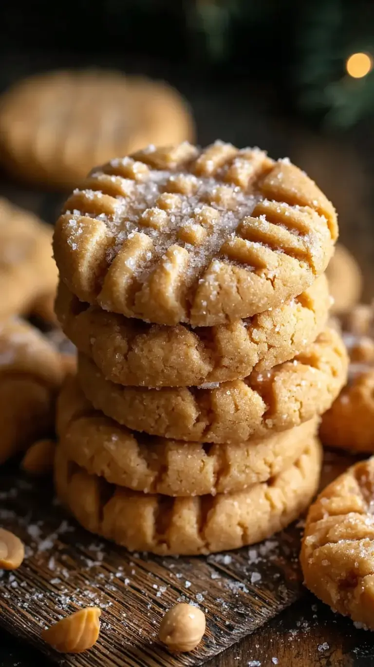 A stack of golden peanut butter shortbread cookies with a classic crisscross pattern on a cooling rack.