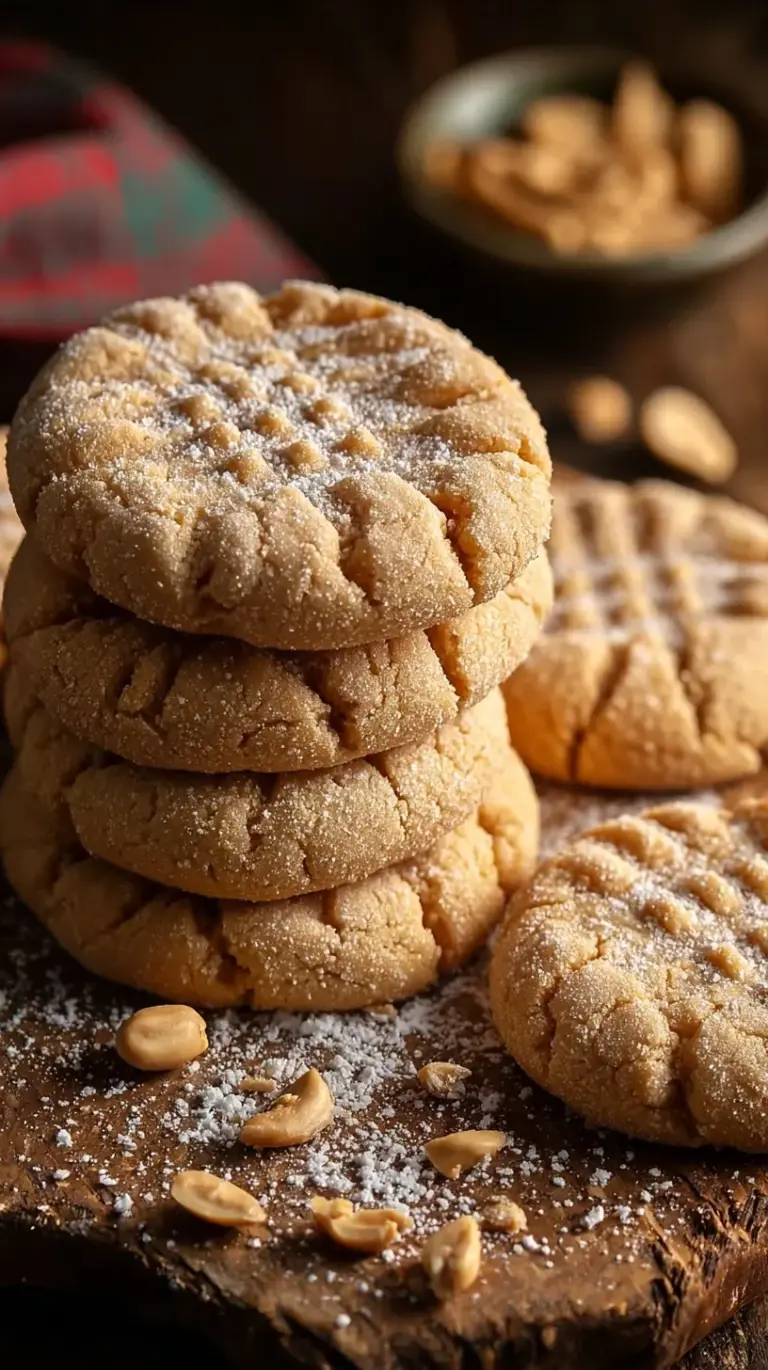 A stack of golden peanut butter sugar cookies with a classic crisscross pattern and sugar coating.