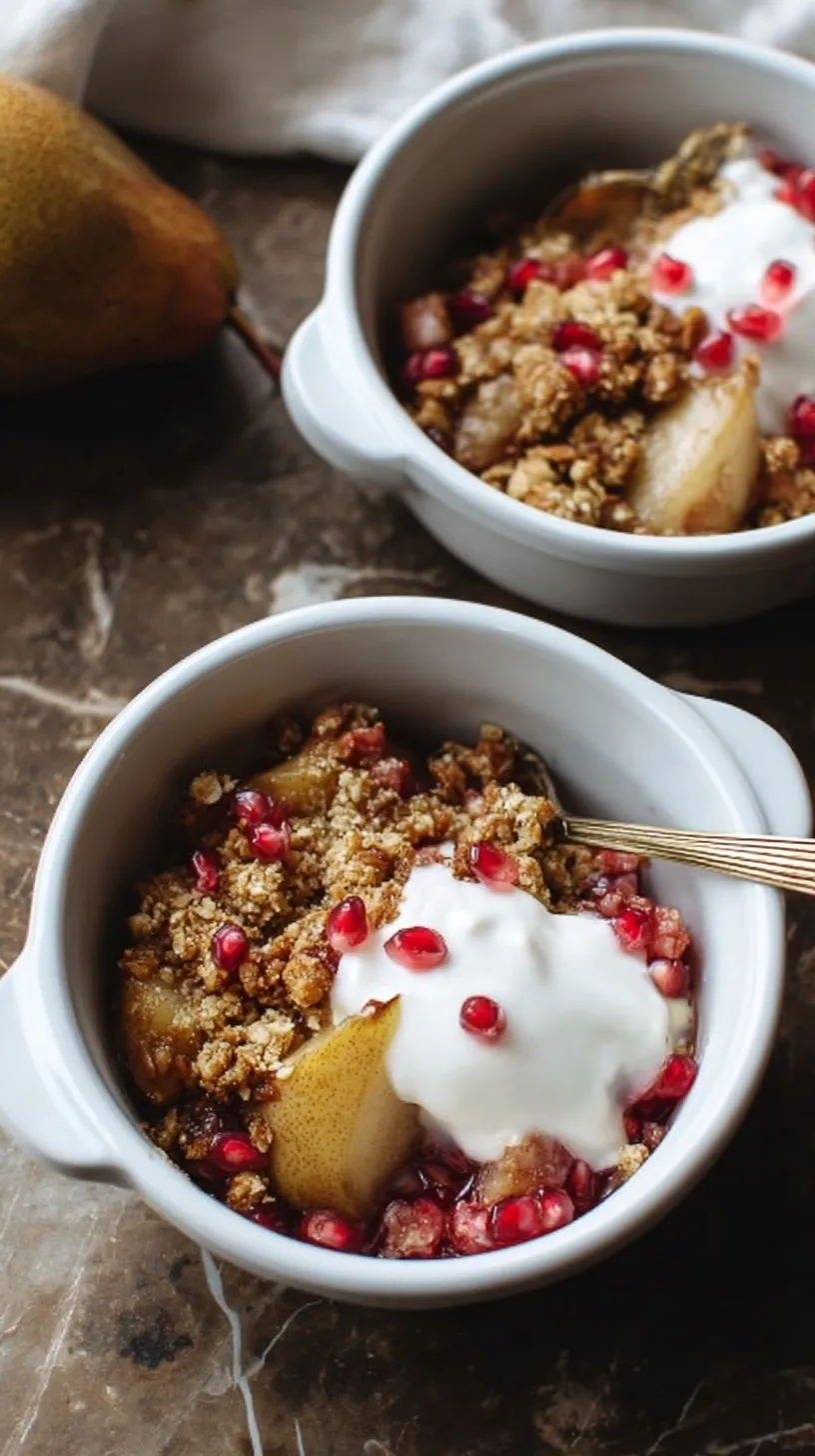 A golden brown pear and pomegranate crumble in a white baking dish with a wooden spoon.