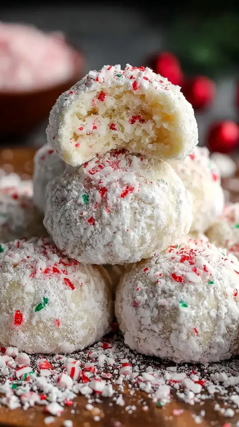 A pile of white, powdered sugar-coated peppermint snowball cookies on a white plate with candy cane pieces nearby.