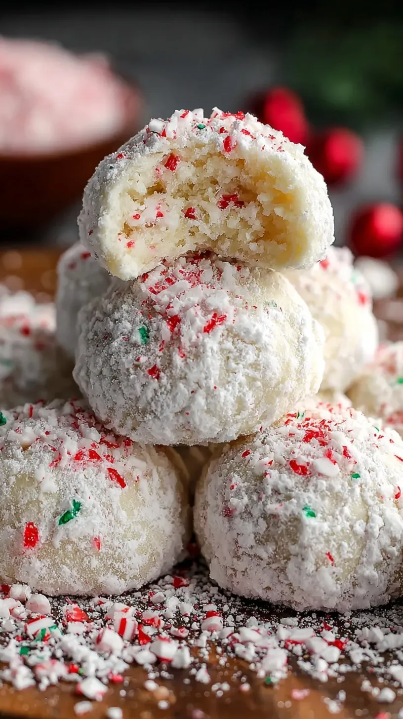 A pile of white, powdered sugar-coated peppermint snowball cookies on a white plate with candy cane pieces nearby.