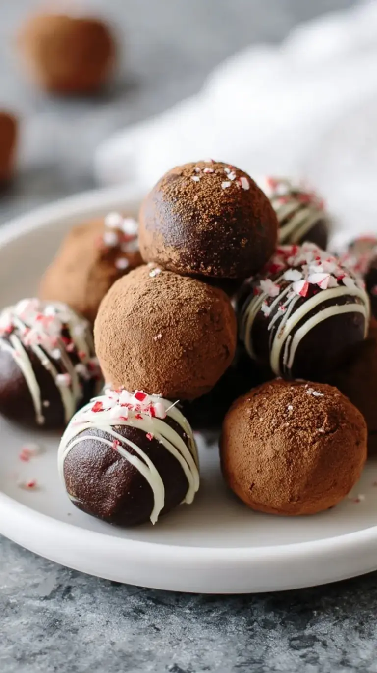 Close up of dark chocolate peppermint truffles coated in crushed candy canes and cocoa powder on a white plate.