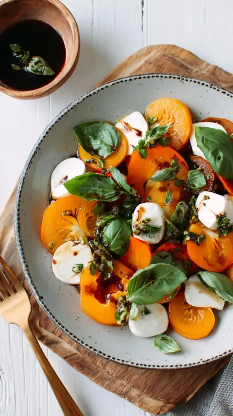 A platter of sliced orange Fuyu persimmons and white mozzarella rounds with fresh green basil and balsamic glaze.