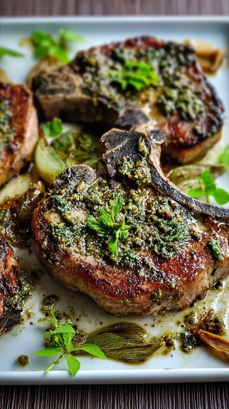 Golden seared pork chops topped with green basil pesto and melted white mozzarella cheese in a cast iron skillet.