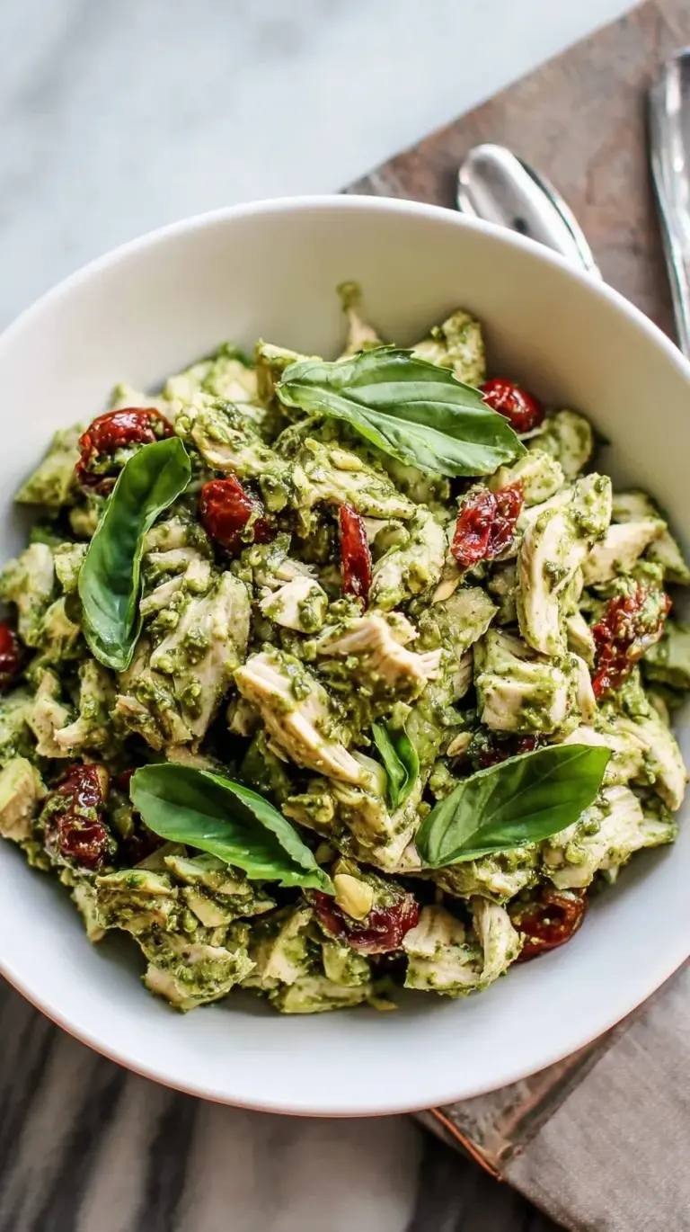 A bowl of creamy pesto chicken salad with toasted pine nuts and fresh basil