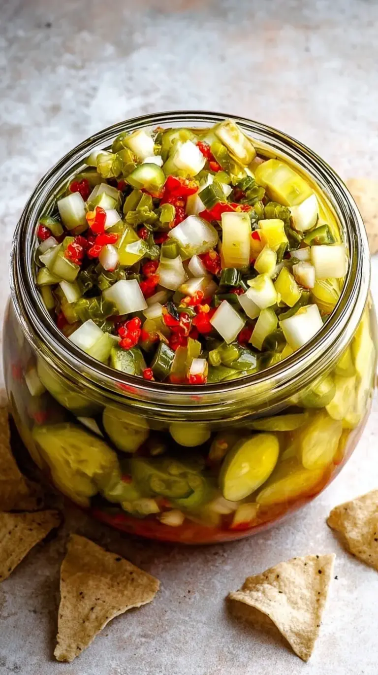 A vibrant bowl of fresh Pickle de Gallo, brimming with chopped dill pickles, red onion, tomatoes, and cilantro, ready to be scooped.