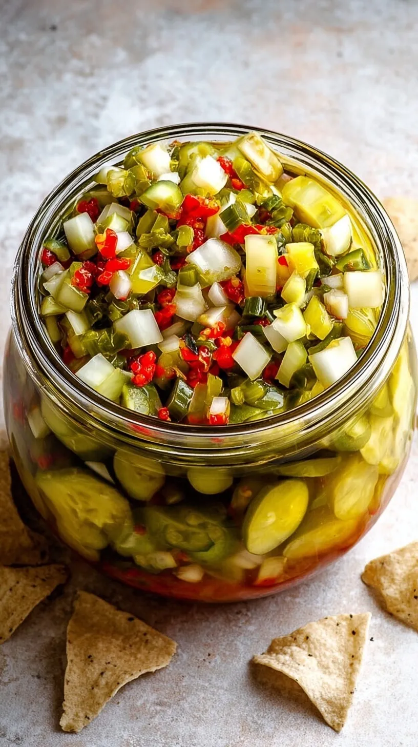 A vibrant bowl of fresh Pickle de Gallo, brimming with chopped dill pickles, red onion, tomatoes, and cilantro, ready to be scooped.