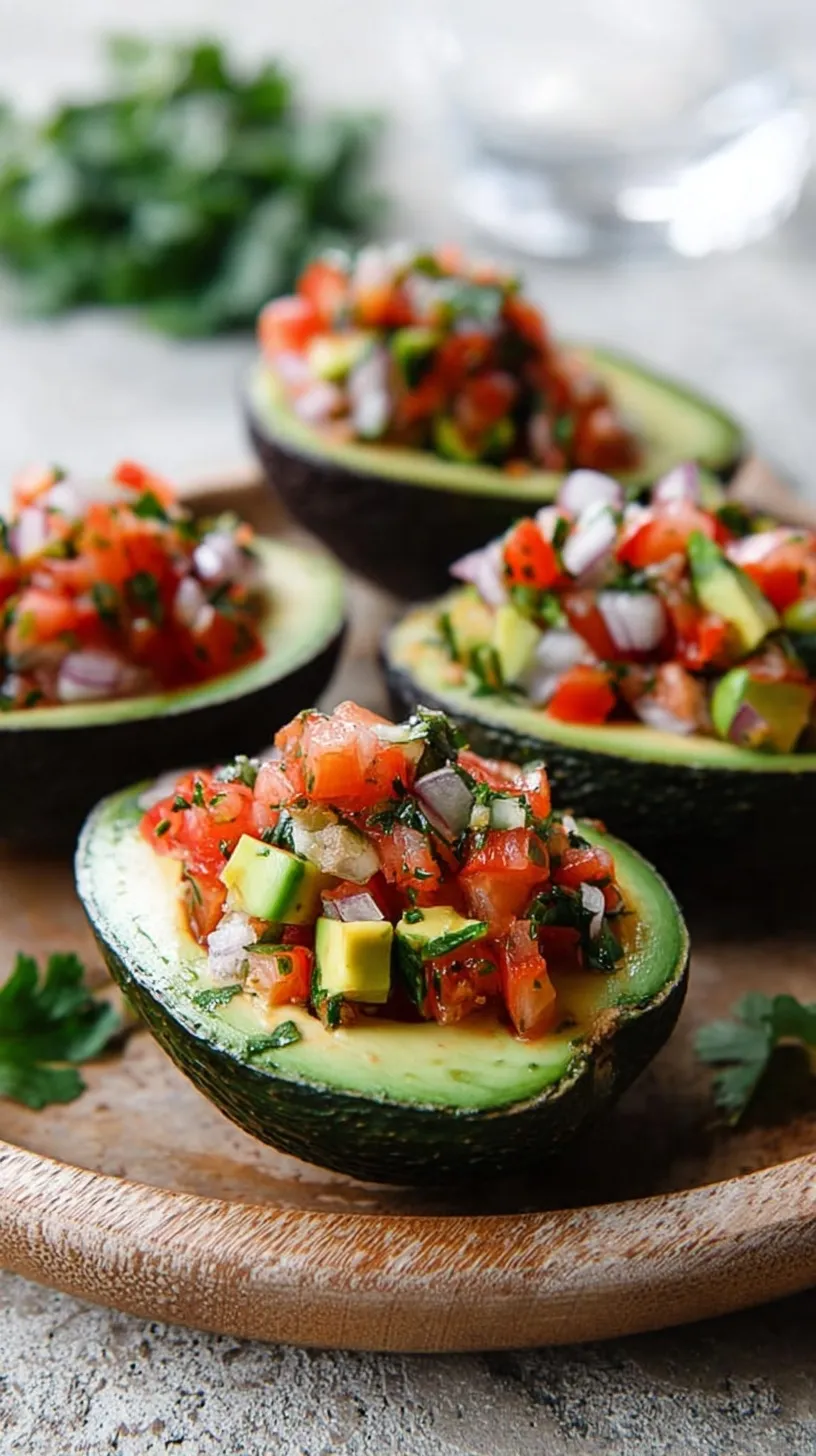 Four avocado halves filled with colorful tomato and onion salsa on a white plate.
