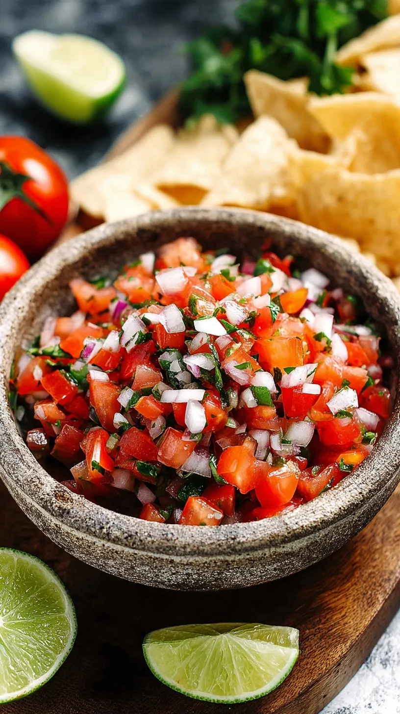 A vibrant bowl of fresh homemade Pico de Gallo with tortilla chips, showcasing ripe tomatoes, red onion, cilantro, and lime.