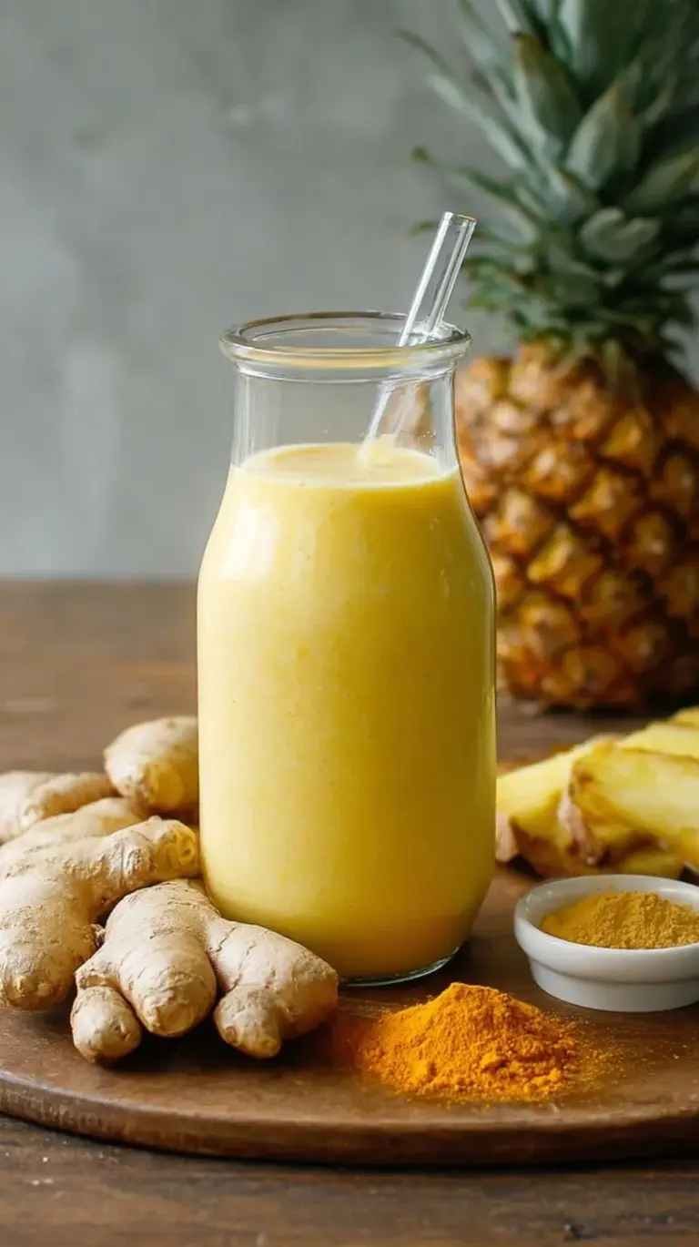 A vibrant yellow pineapple turmeric smoothie in a glass with a straw