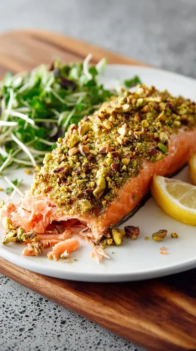 A perfectly baked Pistachio Crusted Salmon fillet on a bed of roasted asparagus, garnished with fresh herbs.