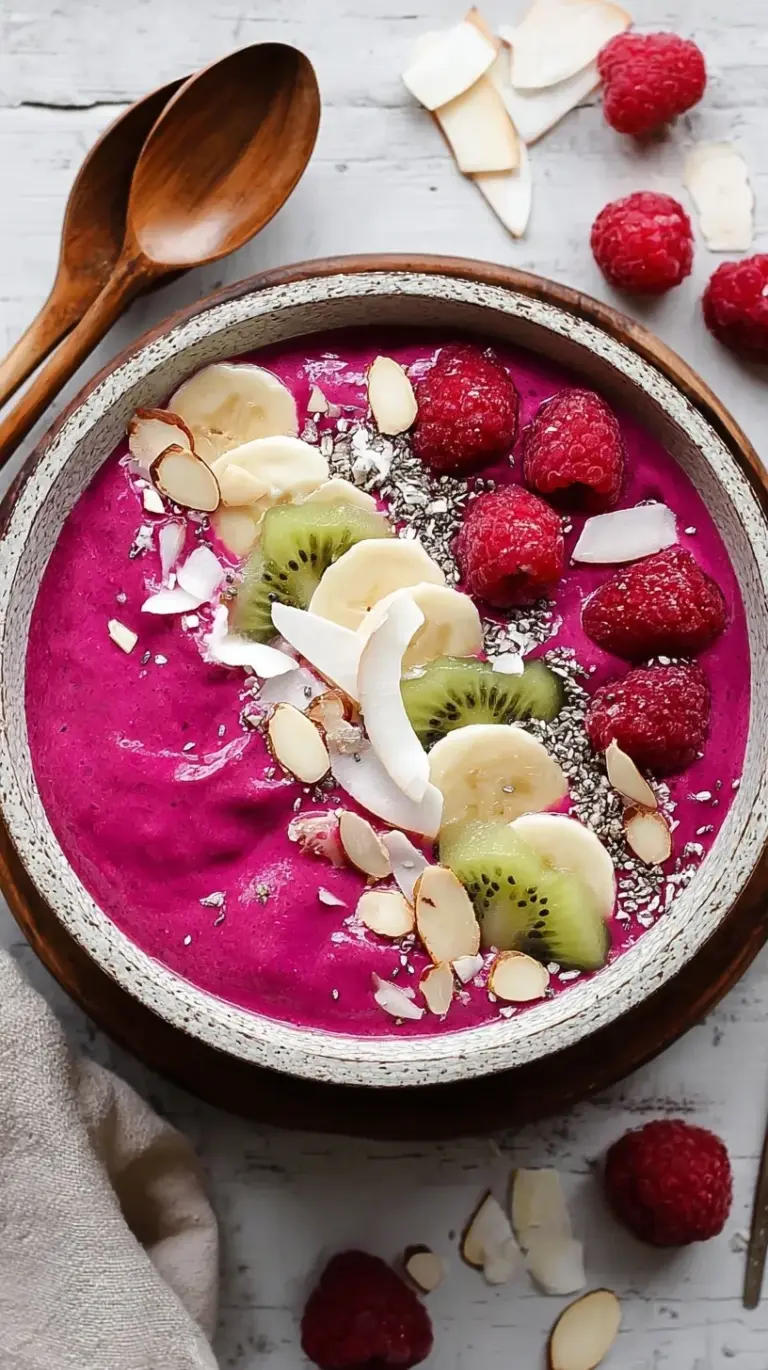 A beautifully styled Pitaya Smoothie Bowl topped with fresh berries, granola, and coconut flakes on a light wooden background.