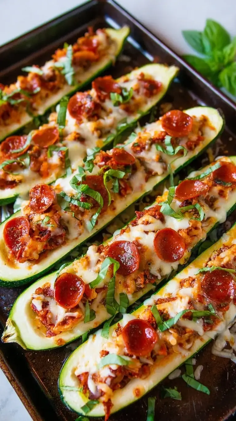 Rows of golden baked zucchini boats filled with red marinara, melted mozzarella, and mini pepperoni on a baking sheet.