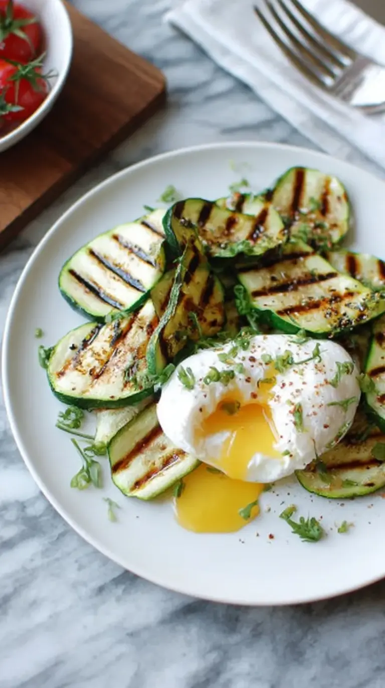 Two poached eggs topped with truffle salt resting on a bed of grilled zucchini ribbons with cherry tomatoes.