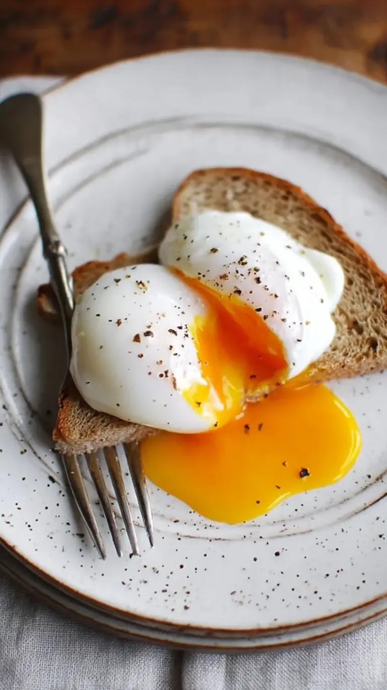 A close-up of two perfectly poached eggs with golden, runny yolks on toast, ready to be enjoyed for breakfast.