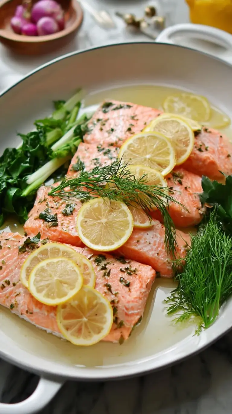 Close-up of flaky poached salmon fillet garnished with fresh dill and lemon slices on a white plate.