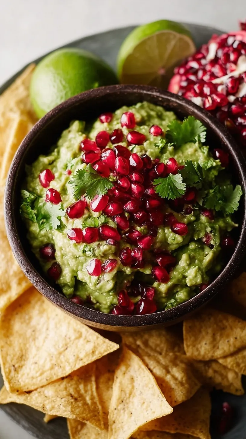 A bowl of chunky guacamole topped with bright red pomegranate seeds and fresh cilantro.