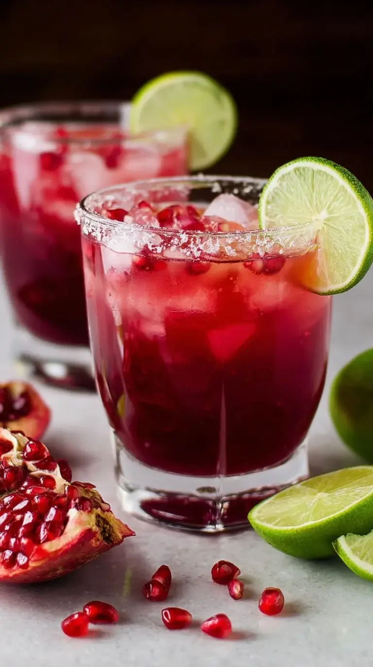 A vibrant Pomegranate Margarita in a salt-rimmed glass, garnished with lime and pomegranate seeds.