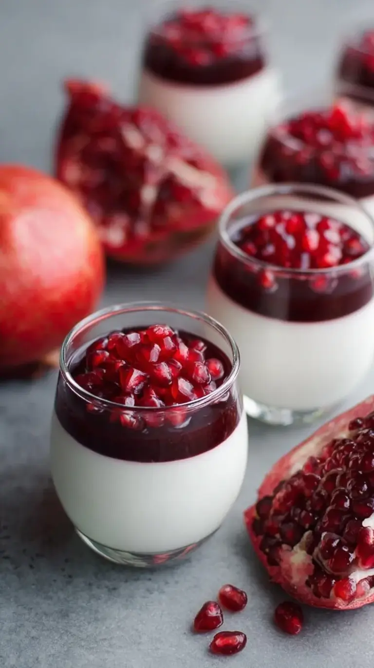A layered pomegranate panna cotta in a glass jar with fresh arils on top.