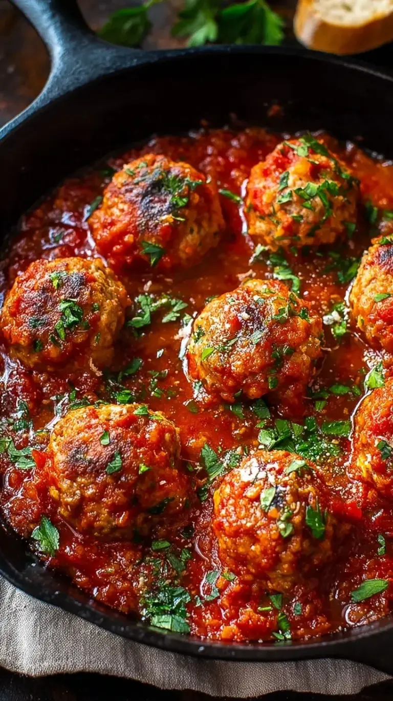A skillet of tender porcupine meatballs simmered in a rich tomato sauce with rice grains visible.