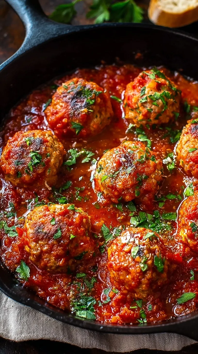 A skillet of tender porcupine meatballs simmered in a rich tomato sauce with rice grains visible.