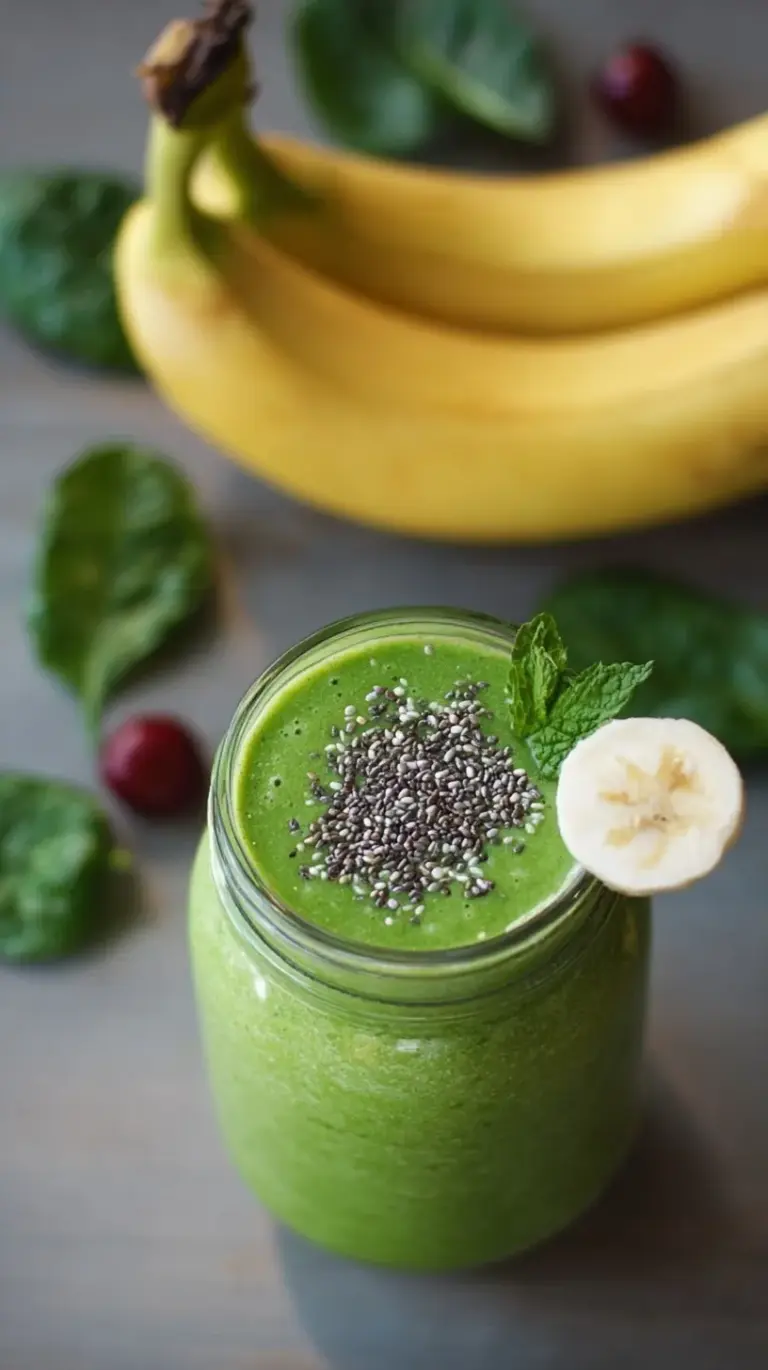 A creamy green smoothie in a glass with a straw on a bright kitchen counter