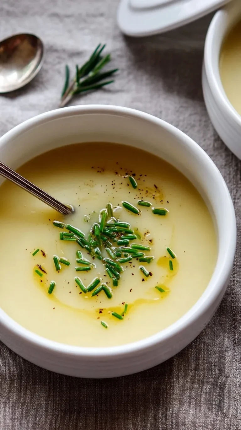 Bowl of creamy potato leek soup garnished with fresh herbs and a drizzle of cream on rustic wooden table