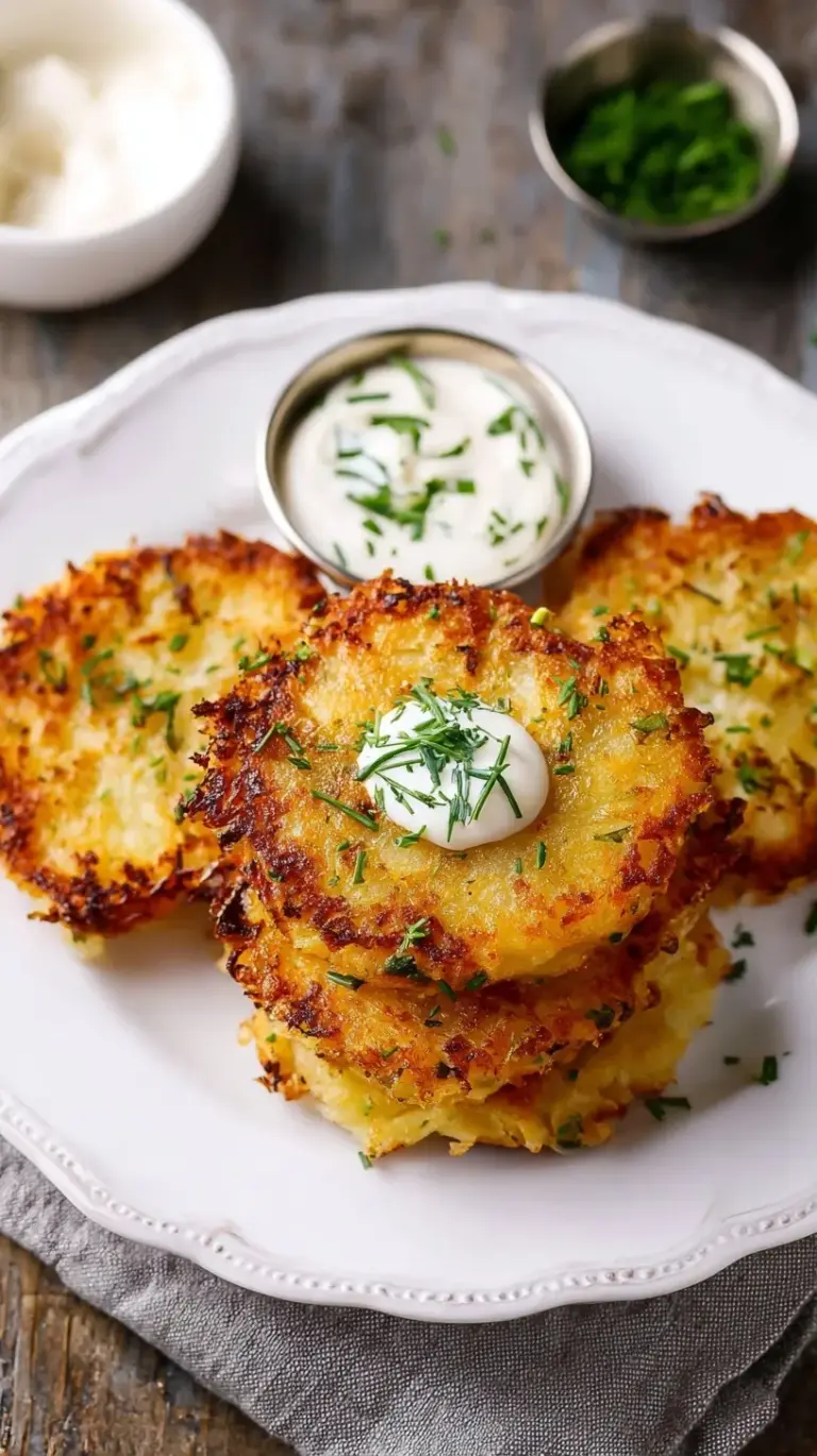 A stack of golden brown crispy potato pancakes served with a side of applesauce and sour cream on a white plate.