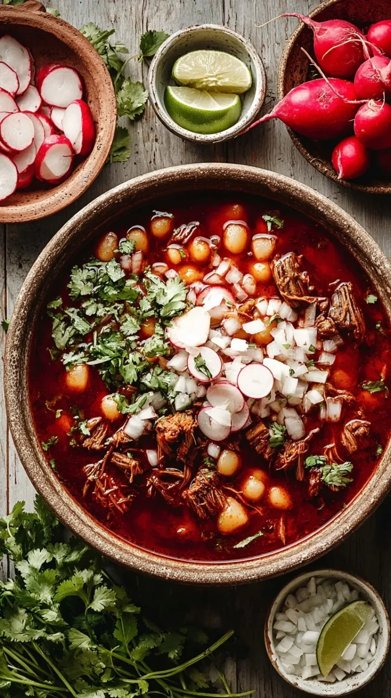 Bowl of pozole rojo garnished with cabbage, radishes, and lime on rustic table
