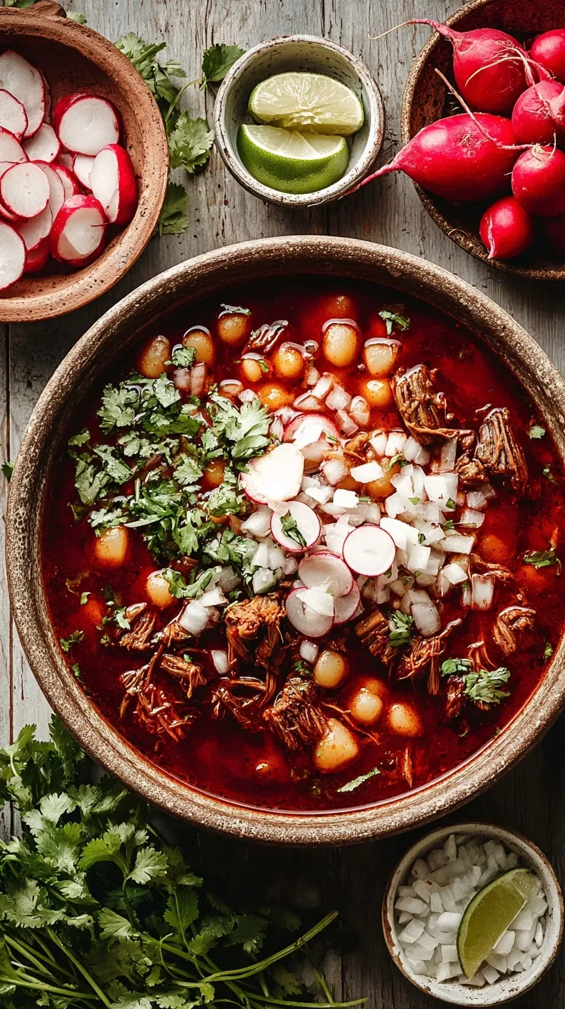Bowl of pozole rojo garnished with cabbage, radishes, and lime on rustic table