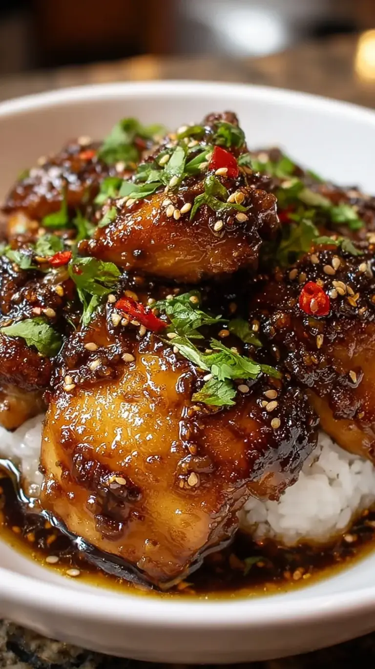 A bowl of glossy teriyaki chicken thighs served over white rice with green onions and sesame seeds