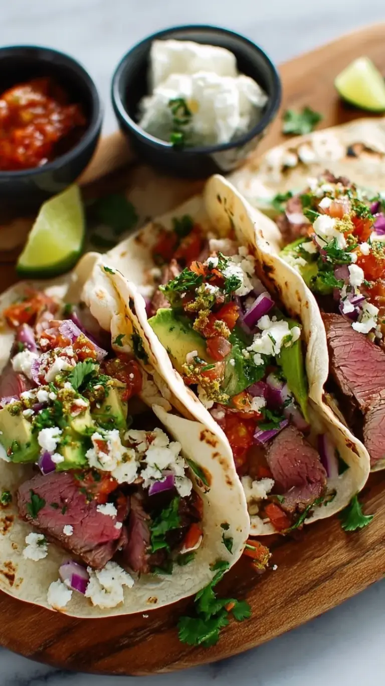 Gourmet prime rib tacos on corn tortillas with white crema and pink pickled onions