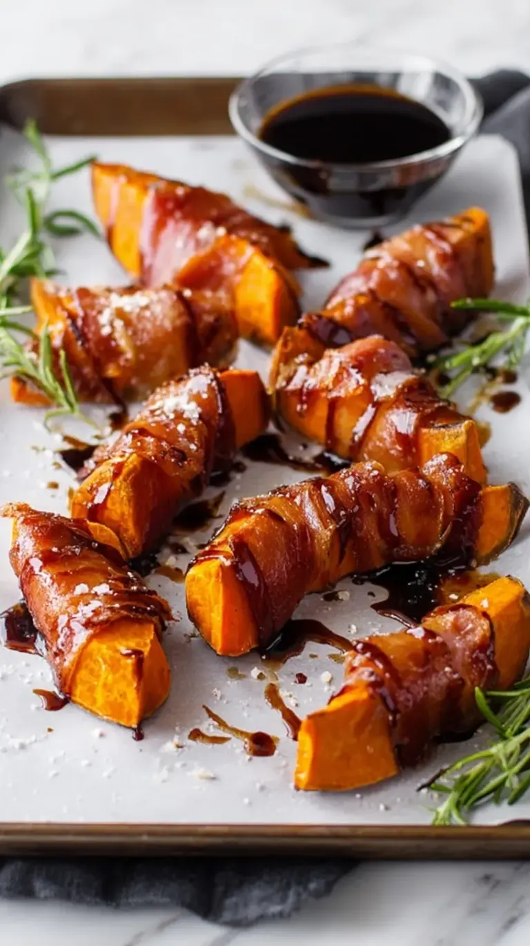Roasted sweet potato wedges wrapped in crispy prosciutto and drizzled with a dark balsamic glaze on a white platter.