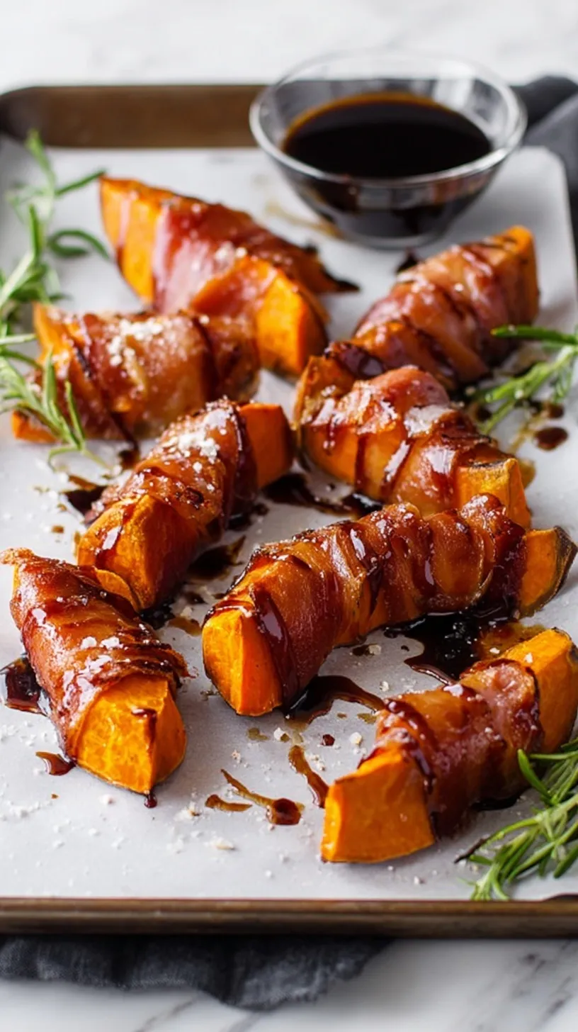 Roasted sweet potato wedges wrapped in crispy prosciutto and drizzled with a dark balsamic glaze on a white platter.