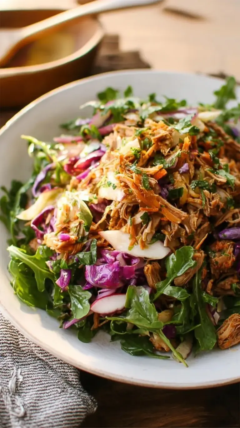 A vibrant bowl of Pulled Pork, Cabbage and Arugula Salad with a zesty dressing, garnished with fresh herbs.