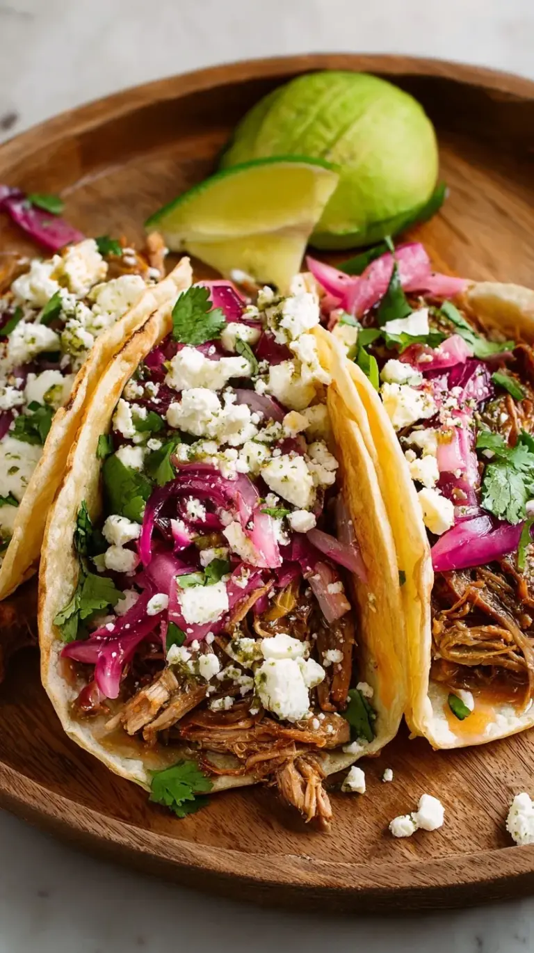 A vibrant plate of slow cooker pulled pork tacos with fresh cilantro, red onion, and a lime wedge, ready to be enjoyed.