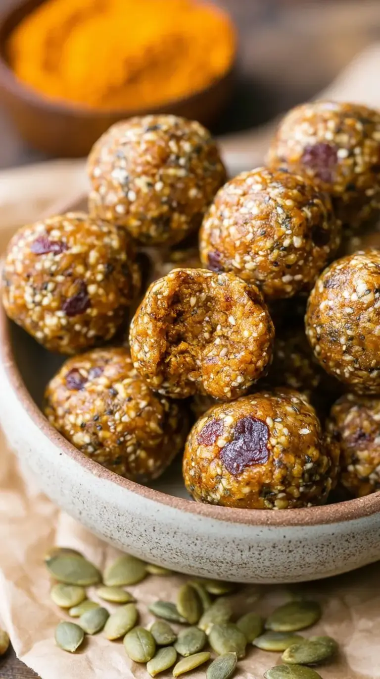 A wooden plate filled with round pumpkin energy balls studded with mini dark chocolate chips.
