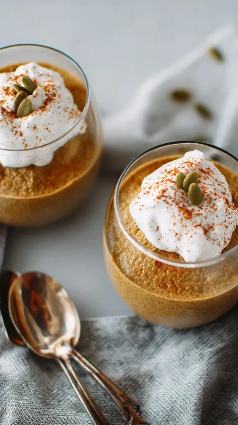 A smooth and creamy pumpkin chia mousse served in a glass bowl with a sprinkle of pumpkin pie spice.