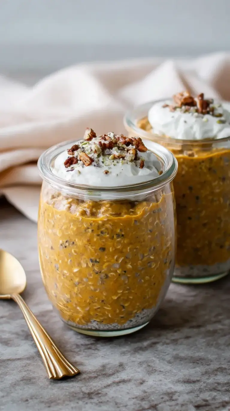 A glass jar filled with creamy orange pumpkin pie overnight oats topped with a dash of spice.