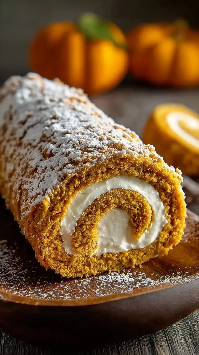 A sliced pumpkin roll with a white cream cheese swirl on a wooden board