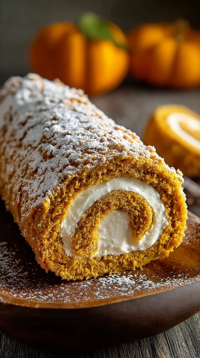 A sliced pumpkin roll with a white cream cheese swirl on a wooden board