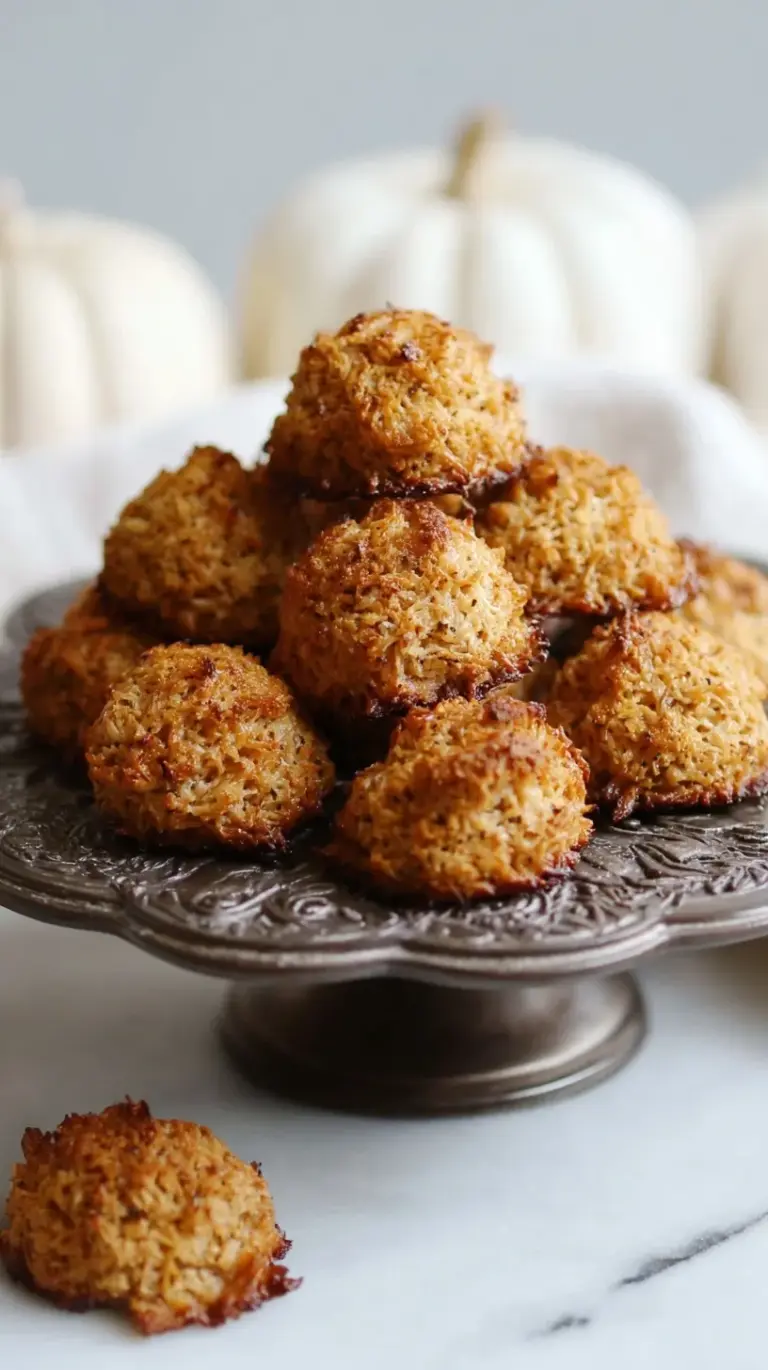 Golden brown pumpkin spice coconut macaroons on a parchment-lined baking sheet