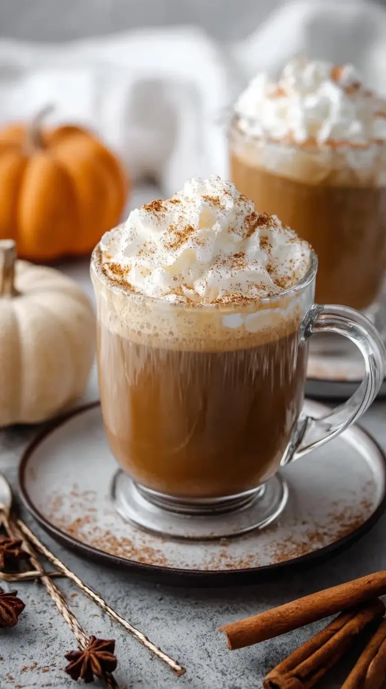 A steaming mug of homemade pumpkin spice latte topped with whipped cream and a sprinkle of cinnamon on a wooden table.