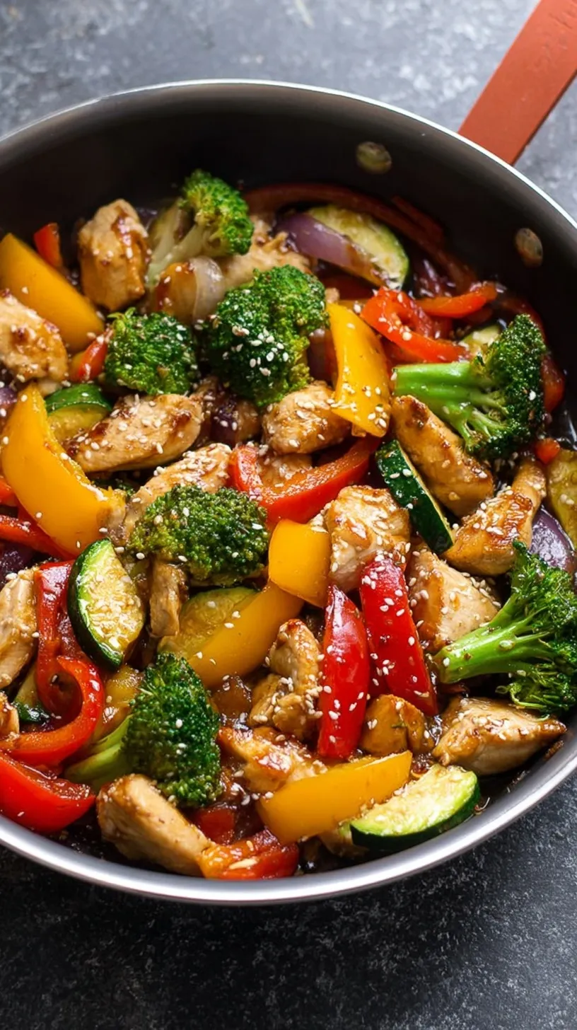 A colorful pan of quick stir-fry chicken with bright green broccoli and orange carrots in a glossy sauce