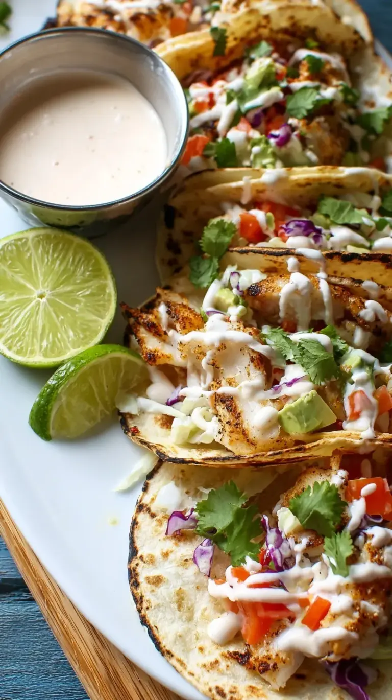 Fresh white fish tacos topped with purple cabbage slaw and avocado slices on corn tortillas