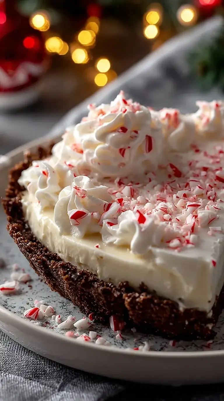 A festive pink peppermint pie in a chocolate crust topped with crushed candy canes on a holiday table.
