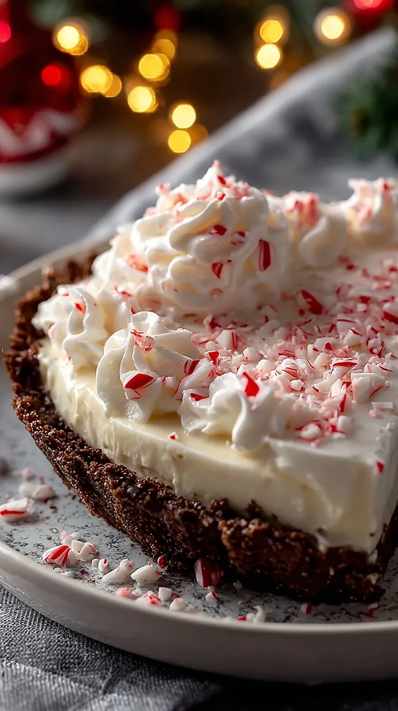 A festive pink peppermint pie in a chocolate crust topped with crushed candy canes on a holiday table.