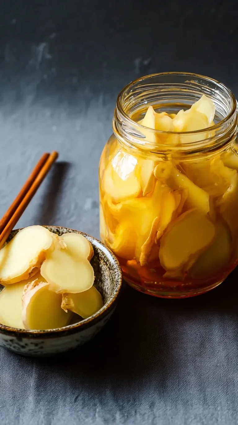 Quick pickled ginger in a glass jar with pink slices ready to serve