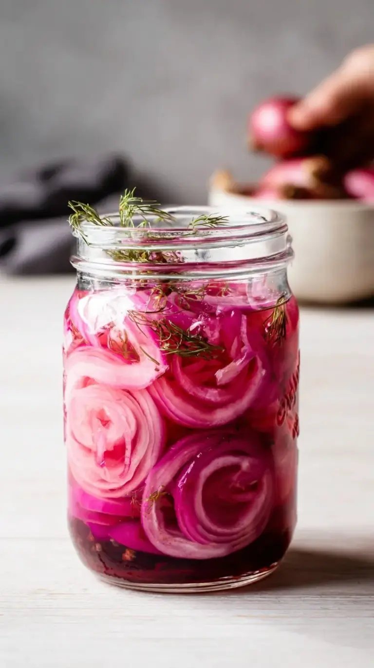 A glass jar filled with vibrant pink quick pickled red onions in a clear brine with peppercorns.