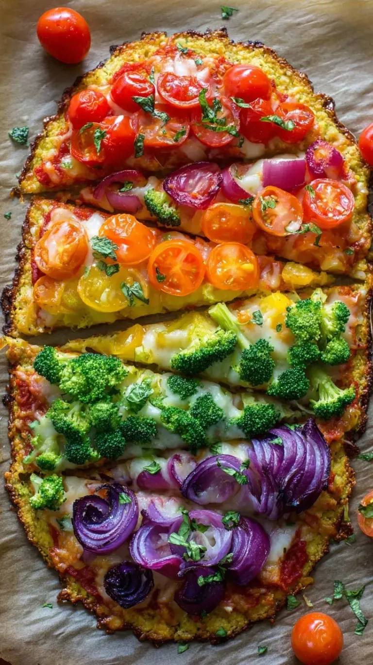 A colorful pizza with a cauliflower crust topped with a rainbow of fresh vegetables.